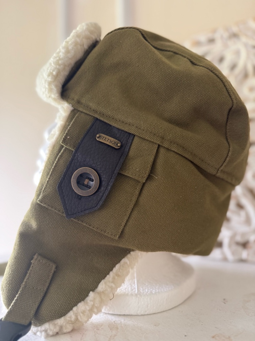 Stetson Trapper Hat Green with Cream Sherpa Trim - Picture 3 of 5